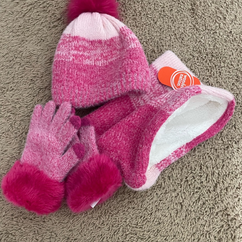 Sherpa-lined. Pink Knit Hat, Scarf, and Gloves Set for Kids